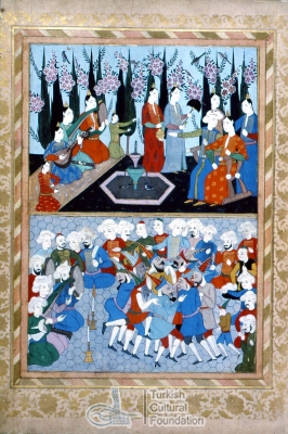 TSM B408; Kalender Pasa, I. Ahmed Albumu, 1603-18, ustte muzikli eglence, altta muzikli eglencede maskeli curcunabazlar