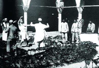 Mental patients in the courtyard of Toptaşı Asylum, possibly early twentieth century.